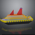 Vibrant Water Vessel With Yellow Hull Orange Deck Red Sails White Chimneys And Blue Windows