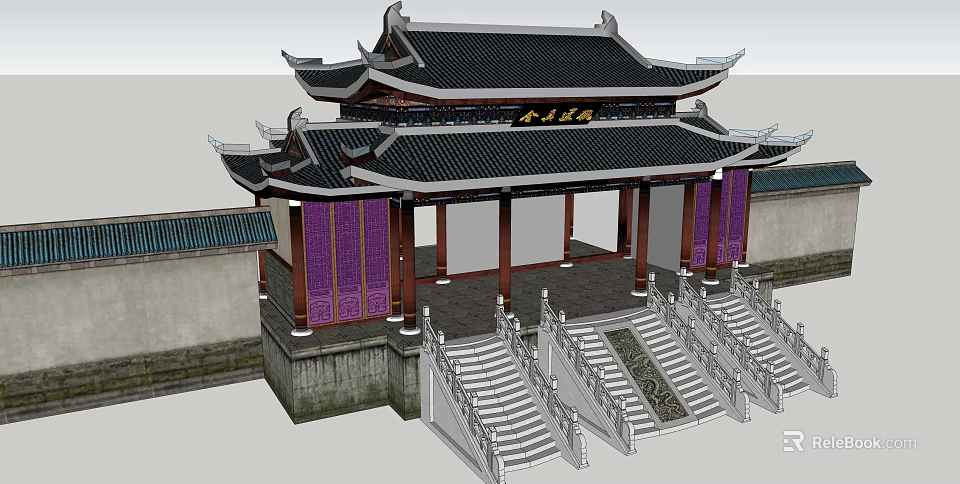 Traditional Chinese Entrance Gate With Curved Eaves Black Roof And Stone Steps 3d model 