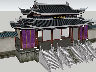 Traditional Chinese Entrance Gate With Curved Eaves Black Roof And Stone Steps 3d model