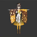 3D Model Character Wearing Traditional Kimono With Creature Patterns Standing Arms Outstretched 3d model