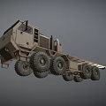 Khaki Military Truck With Large Tires Flatbed Trailer And Spare Tire On Roof