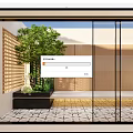 Modern Minimalist Storefront Facade With Glass Doors Wooden Panels Green Plants And Courtyard Stone Floor