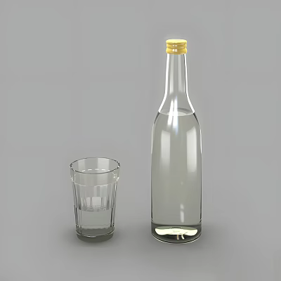 Elegant Transparent Glass Bottle With Golden Cap And Clear Glass Cup On Simple Gray Background 3d model