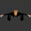 3D Character Model With Orange Hair Black Outfit Gold Accents And Arms Outstretched