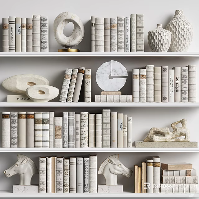 Elegant White Bookshelf Showcasing Books and Magazines Decorative Sculptures Vases and Circular Art 3d model 