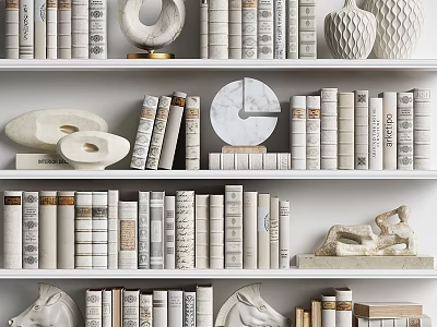 Elegant White Bookshelf Showcasing Books and Magazines Decorative Sculptures Vases and Circular Art 3d model