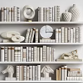 Elegant White Bookshelf Showcasing Books and Magazines Decorative Sculptures Vases and Circular Art