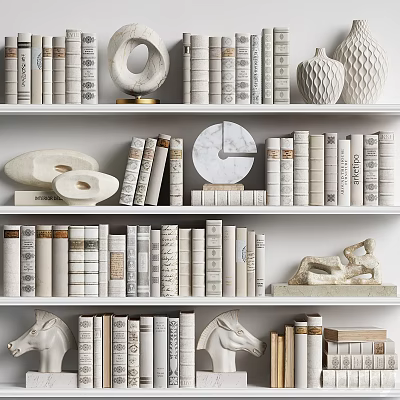 Elegant White Bookshelf Showcasing Books and Magazines Decorative Sculptures Vases and Circular Art 3d model