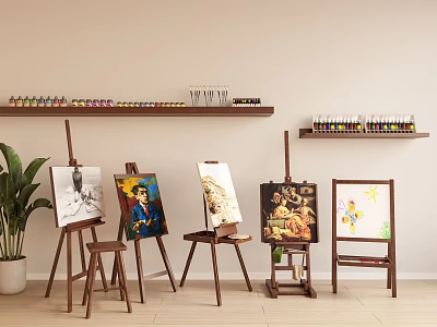 Stylish Art Supplies Display With Easels Canvases And Paint Tubes On Wooden Shelves 3d model
