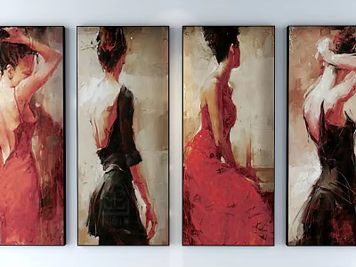 Four Panel Female Back View Oil Paintings With Red Black Dresses As Wall Art Decor 3d model
