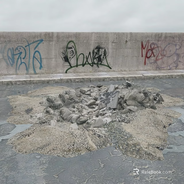 Pile of Stones and Wood Debris Near Graffiti Covered Concrete Wall 3d model 
