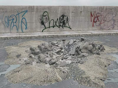 Pile of Stones and Wood Debris Near Graffiti Covered Concrete Wall 3d model