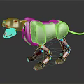 Metallic Black Robot Dog with Red Accents on Leg Joints Mouth and Dynamic Pose