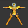 Golden Armored Character With Blue Hair Posing With Spear And Outstretched Arms