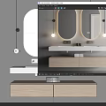 Minimalist Bathroom Vanity With Marble Countertop Round Mirrors And Pendant Lights