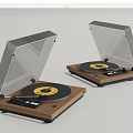 Two Vintage Turntable Audio Systems with Transparent Dust Covers Wooden Base and Yellow Vinyl Labels