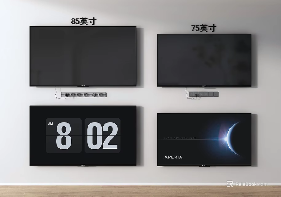 Various Size Televisions Featuring 85 Inch 75 Inch Screens Digital Clock And XPERIA 3d model 