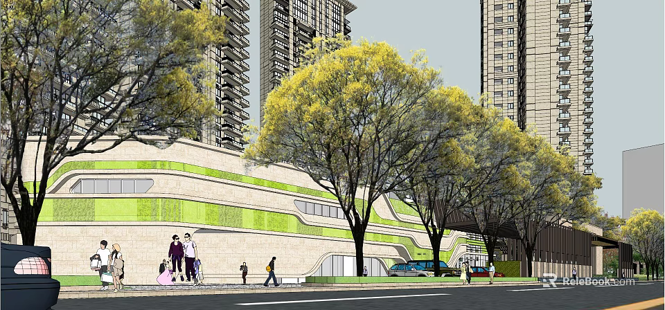 Modern Urban Building With Green Facade Trees Pedestrians And High Rise Background 3d model 
