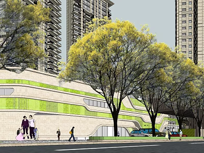 Modern Urban Building With Green Facade Trees Pedestrians And High Rise Background 3d model