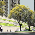 Modern Urban Building With Green Facade Trees Pedestrians And High Rise Background