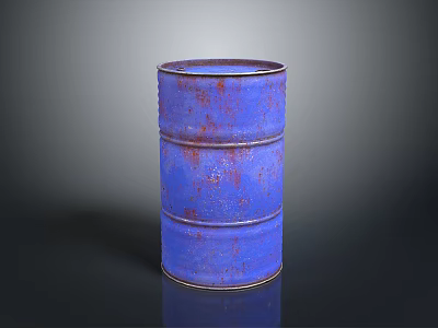 Blue Rusty Oil Barrel Standing On Black Surface With Gray Background 3d model