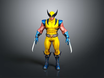 Wolverine Character in Yellow Blue Costume with Metal Claws and Muscular Build 3d model