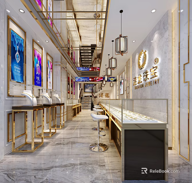 Jewelry Store Interior With Glass Display Cases Counters And Pendant Lights On Marble Walls 3d model 