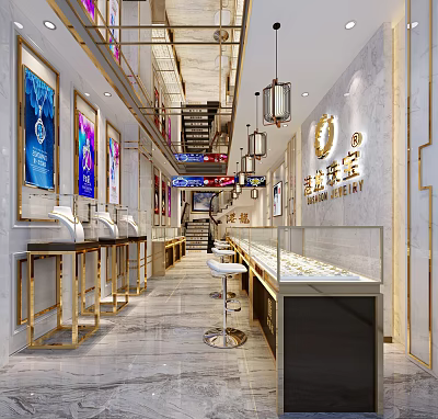 Jewelry Store Interior With Glass Display Cases Counters And Pendant Lights On Marble Walls 3d model