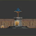 Outdoor Courtyard Scene With Stone Well Blue Roof Wooden Fence And Fire Pit