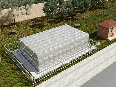 Garden Landscape Featuring White Water Tank Structure Green Lawn Trees And Red Roof House 3d model