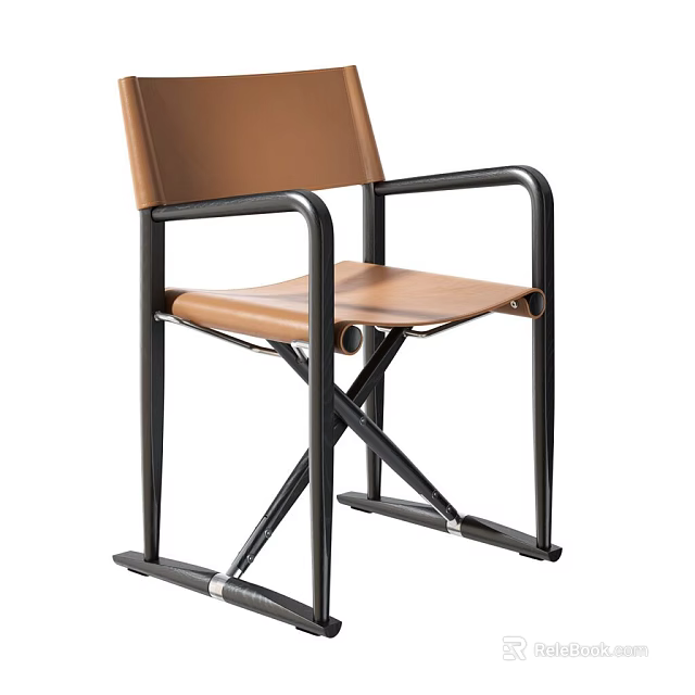 Modern Brown Leather Leisure Chair With Black Metal Frame And Armrests 3d model 