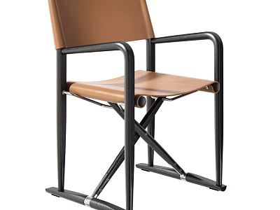 Modern Brown Leather Leisure Chair With Black Metal Frame And Armrests 3d model