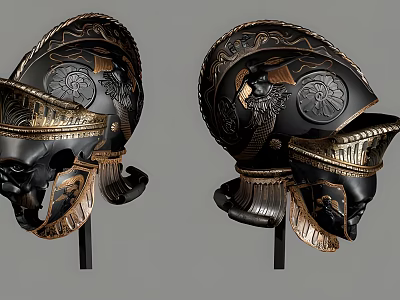 Two Ancient Helmets With Black Base Gold Accents And Intricate Carved Patterns 3d model