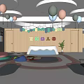Cheerful Kindergarten Space With Hanging Balloons Cloud Decorations Wooden Walls And Colorful Mats