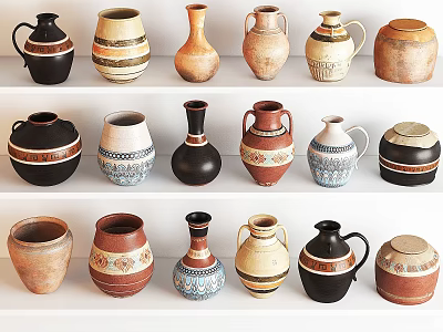 Assorted Ceramic Vessels With Colorful Patterns And Different Shapes On White Shelves 3d model