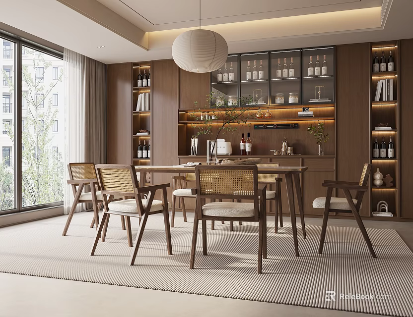 Modern Restaurant Interior With Wooden Tables Chairs Pendant Light Large Windows Wine Shelves 3d model 