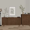 Wooden Entryway And Side Cabinet Interior With Floor Lamp Wall Art And Decorative Vases