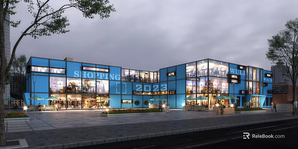 Modern Blue Glass Facade Shopping Complex With 2023 Design And Open Plaza Area 3d model 