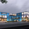Modern Blue Glass Facade Shopping Complex With 2023 Design And Open Plaza Area