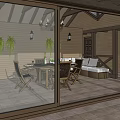 Modern Residential House Featuring Sloped Shingle Roof Transparent Glass Walls and Patio with Indoor Furniture