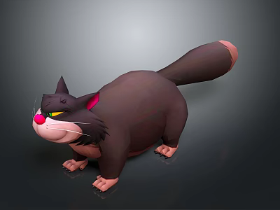 Chubby Dark Brown Cartoon Cat With Pink Nose Yellow Eyes And Red Collar 3d model
