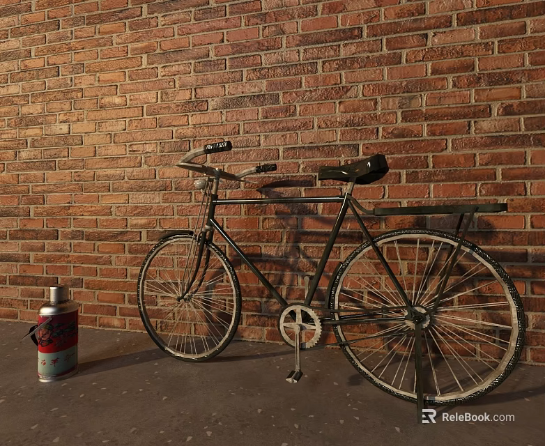 Vintage Red Brick Wall Swing Door with Classic Bicycle and Metal Can 3d model 