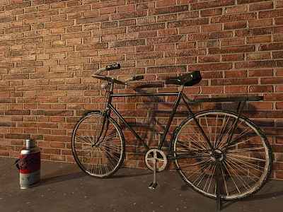 Vintage Red Brick Wall Swing Door with Classic Bicycle and Metal Can 3d model