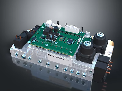Computer Circuit Board Featuring Green PCB Electronic Components Black Capacitors White Labels and Connectors 3d model