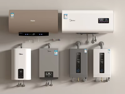Different Types Of Modern Water Heaters With Digital Displays And Wall Mounted Design 3d model