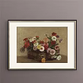 Botanical Painting With Basket Of Various Colored Roses Framed Dark Background Gold Border