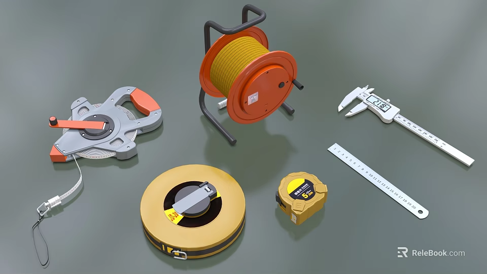 Industrial Equipment Including Measuring Tools Tape Measure Reel Calipers And Ruler 3d model 