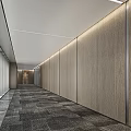 Modern Office Corridor With Wooden Walls Glass Partitions Carpeted Floor And Recessed Lighting