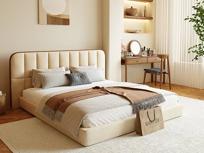 Beige Upholstered Double Bed With Gray Brown Pillows Blanket Dressing Table In Cozy Bedroom 3d model