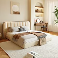 Beige Upholstered Double Bed With Gray Brown Pillows Blanket Dressing Table In Cozy Bedroom